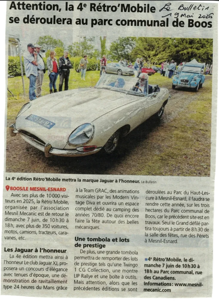 Coupure de presse du Bulletin du 19 mai 2026 annonçant la 4ᵉ édition de Rétro'Mobile organisée par Mesnil'Mécanic, avec une Jaguar Type E au premier plan.