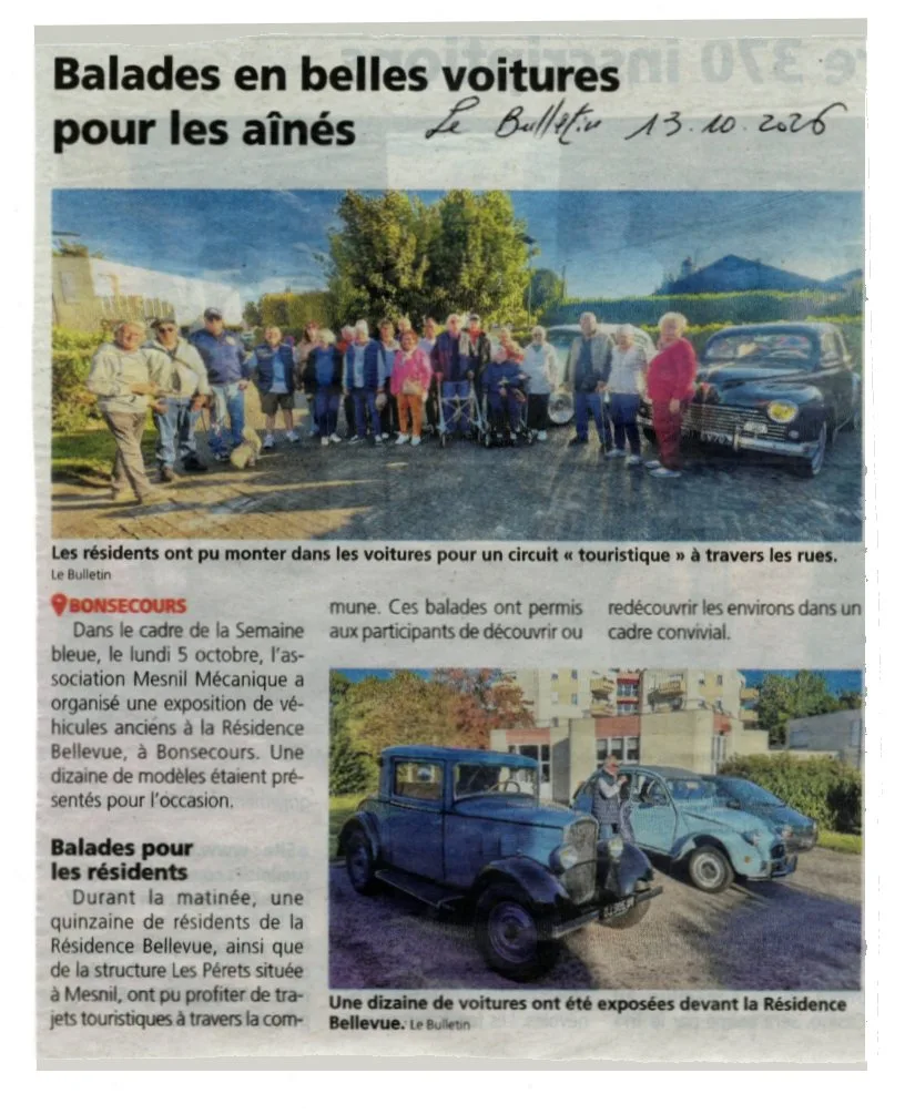 Balades en voitures anciennes organisées par Mesnil'Mécanic pour les résidents de la Résidence Bellevue à Bonsecours, lors de la Semaine bleue 2026.